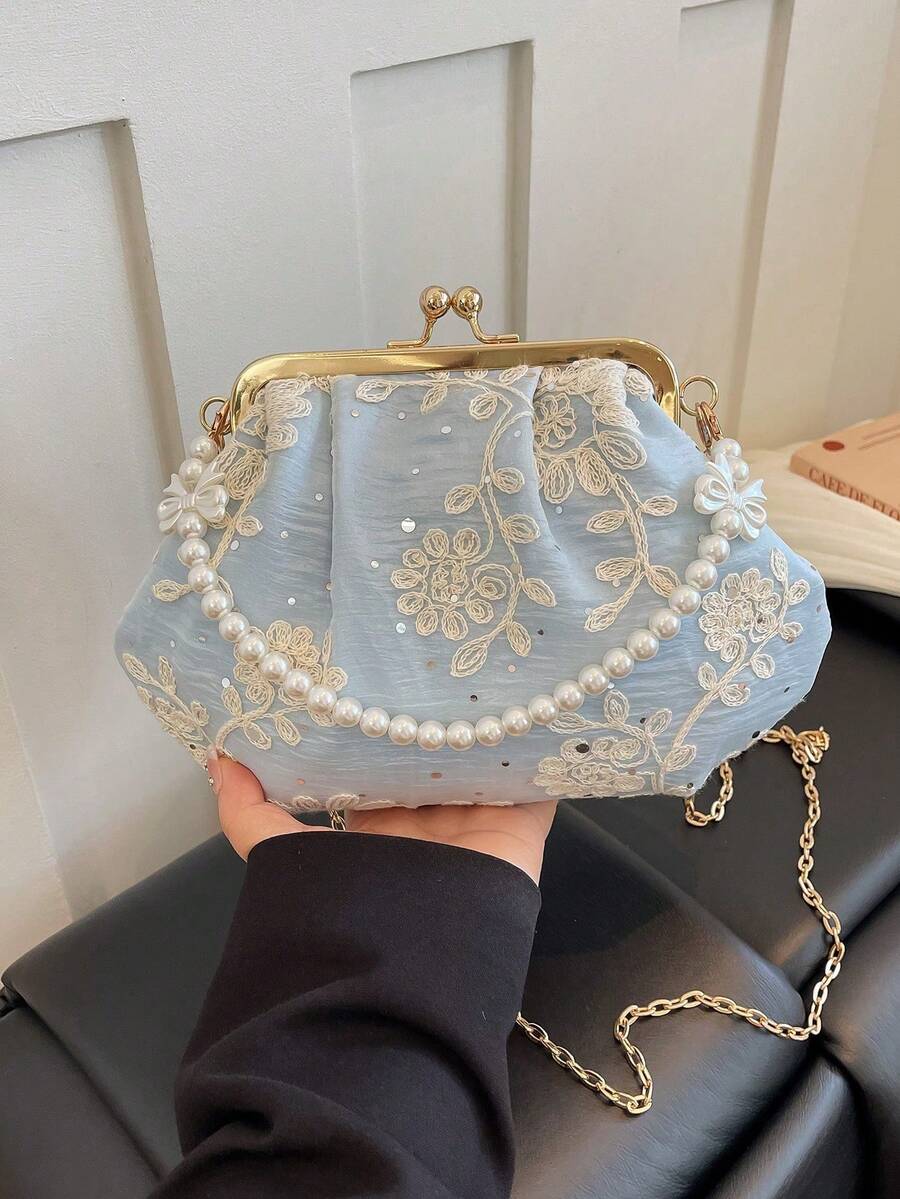 Women's PU Leather Crossbody Bag With Round Polka Dots, Vintage Style Handbag With Buckle Closure And Adjustable Shoulder Strap, Solid Color And Lightweight City Tote Bag - 藍色 - 查看 1