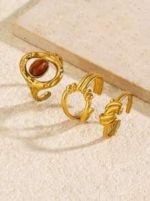 3pcs Stainless Steel 18K Gold Plated Summer Versatile Elegant Fashion Minimalist Casual Style Geometric Gold Knot Ring Set Suitable For Women Daily Wear Holiday Beach Vacation Date Travel Casual Jewelry Gift - Multicolor - View 3
