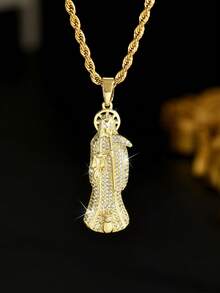 1pc Men's 18K Gold Plated Hip Hop Style Full Zirconia Grim Reaper Necklace, Streetwear Accessory, Gothic Dark Style Jewelry, Suitable For Daily Fashion Wear - Gold - View 5