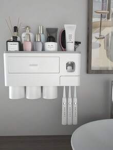 Bathroom Toothbrush Holder 2/3/4 Cup Wall-Mounted With Toothpaste Squeezer, Large Capacity Bathroom Storage Organizer, Easy Installation And Use, Fashionable Bathroom Accessory Set, Bathroom Decor - Grey - View 8