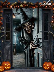 1pc Halloween Door Cover, Witch Pattern Bedroom Door Decor, Halloween Backdrop, Halloween Party Supplies, Halloween Hanging Banner, Scary Halloween Photography Props, Haunted House Decor, Trick Or Treat Decor, Halloween Gifts, Party Gifts, Photo Studio Props, Halloween Home Decor, Room Decor, Outdoor Garden Supplies, Yard Decor, Christmas Decor, 2027 New Year Party Decor, New Year Gifts, Winter Decor - Skeleton Witch - View 8
