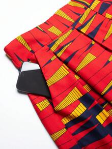 Women's Red African Wax Print High Waist Pleated Maxi Skirt - Red - View 4