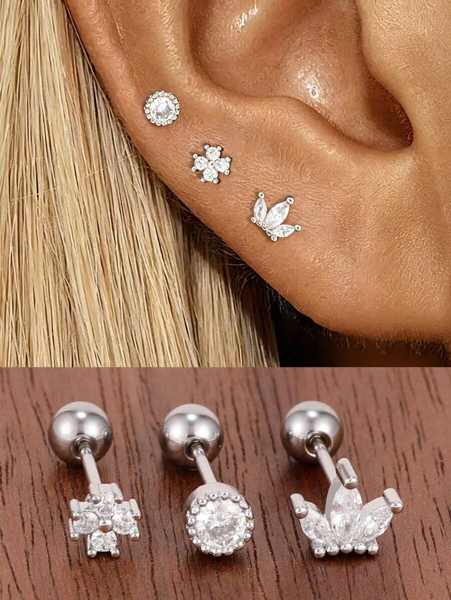 3件組不鏽鋼耳骨耳洞耳釘套組 女款心形花瓣耳骨耳環 時尚飾品 - 14銀色-3PCS - 查看 1