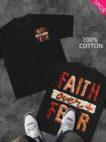 Men's Christian T-Shirt "FAITH OVER FEAR" | Psalm 118:6 Design | Inspirational Streetwear | 100% Cotton | Unisex Fit | Ideal Gift For Believers - 藍色和黑色 - 查看 1