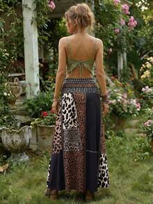 Plus Size Women's Leopard Print Digital A-Line Skirt, Bohemian Style Knit Fabric, Suitable For Casual Daily Wear Vacation Summer - Black and Brown - View 2