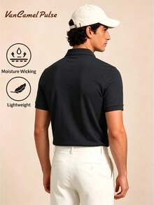 Vancamel Pulse Men's POLO Shirt, Fashionable Loose Breathable Solid Color Sports Short Sleeve, Simple Versatile Casual Style T-Shirt, Outdoor Commuting Light Business Short Sleeve - Black - View 3