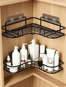 1pc Black Triangle Multifunctional Self-Adhesive Wall-Mounted Corner Storage Rack, Bathroom Storage, Kitchen Storage, Cosmetic Holder - Multicolor - View 3