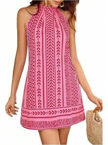 - Vestido corto sin mangas con estampado floral para mujer, cuello halter, línea A - rosado, (Geometría rosa) - Ver 8