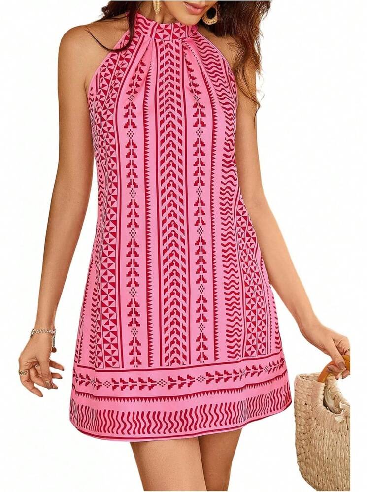 - Vestido corto sin mangas con estampado floral para mujer, cuello halter, línea A - rosado, (Geometría rosa) - Añade 8