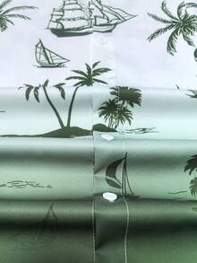 Men's Gradient Color Nautical Print Button-Down Short Sleeve Shirt Open Front Top - Green - View 7