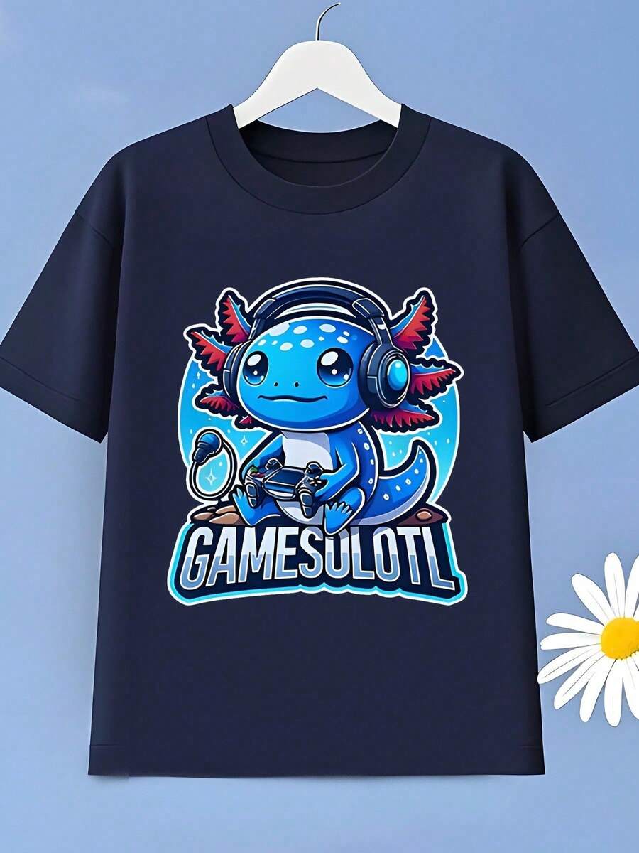 Camiseta Infantil de manga curta estampada 'salamandra' Gamer para meninos, tecido macio e elástico, respirável e secagem rápida, ideal para esportes internos e externos, encontros casuais - cor azul-marinho - Visão 1