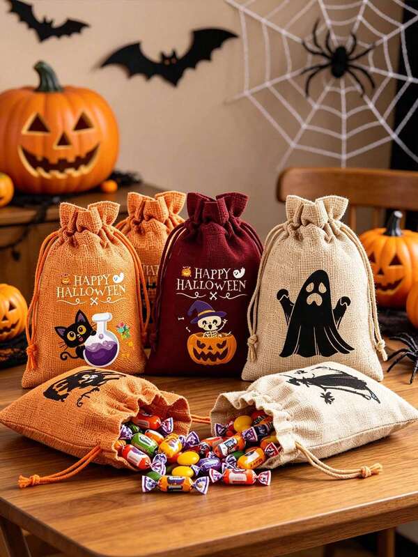 1 Set Halloween Drawstring Bags, Gift Storage Bags, Halloween Party Candy And Small Gift Packaging Bags, Drawstring Fabric Bags, Haunted House Party Souvenir Packaging Bags, Reusable Jewelry And Snack Storage Bags, Holiday Gift Packaging Bags