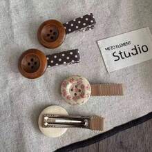 2pcs Korean Style Milk Tea Floral Button Hair Clips, Ins Mori Style Fresh Ditsy Floral Button Side Bangs Clips, Gentle Girl DIY Handmade Versatile Loose Hair Fixing Atmosphere Hair Accessories, Mori Style Photography, Campus Daily Commute - Multicolor - View 4