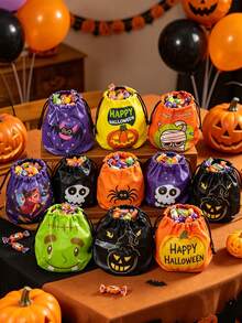 50pcs/Set Halloween Drawstring Bags With Pumpkin And Candy Designs, Party Storage And Decoration Bags, Featuring Pumpkin, Spider, Bat, And Witch Patterns. Halloween Decorations For Parties To Add To The Festive Atmosphere. - A - View 1