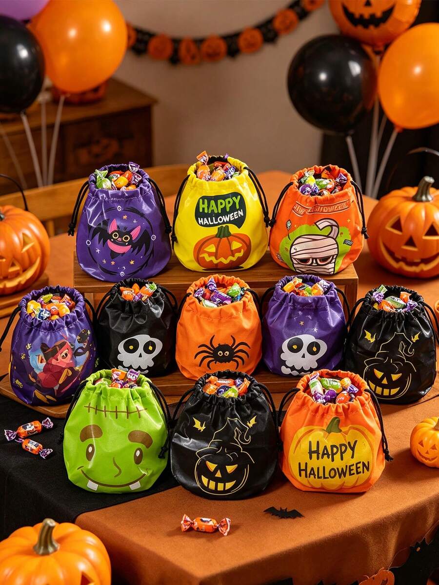 50pcs/Set Halloween Drawstring Bags With Pumpkin And Candy Designs, Party Storage And Decoration Bags, Featuring Pumpkin, Spider, Bat, And Witch Patterns. Halloween Decorations For Parties To Add To The Festive Atmosphere. - A - View 1