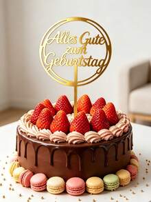 3件組金色鏡面壓克力Alles Gute Zum Geburtstag雙圓框蛋糕裝飾插牌，優雅流線草寫字體棒狀插牌，亮面閃耀裝飾，適用於歐洲德式生日派對與溫馨私人慶祝場合 - D - 查看 5