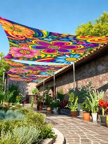 1pc Plant Leaf Floral Print Design Sunshade Awning, Outdoor Shade Cloth And Canopy, 2D Flat Printed Tent, Washable, Suitable For Garden, Camping, Beach, Yard, Poolside And More, Poles Not Included - Multicolor - View 2