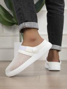 Men's Solid Color Mesh Casual Half-Slip Sandals, Microfiber Patchwork Hollow Upper, Adjustable Back Strap, 2-In-1 Wear, Minimalist Basic Style, Suitable For Daily Commute, Travel, Driving And Multiple Occasions - White - View 4