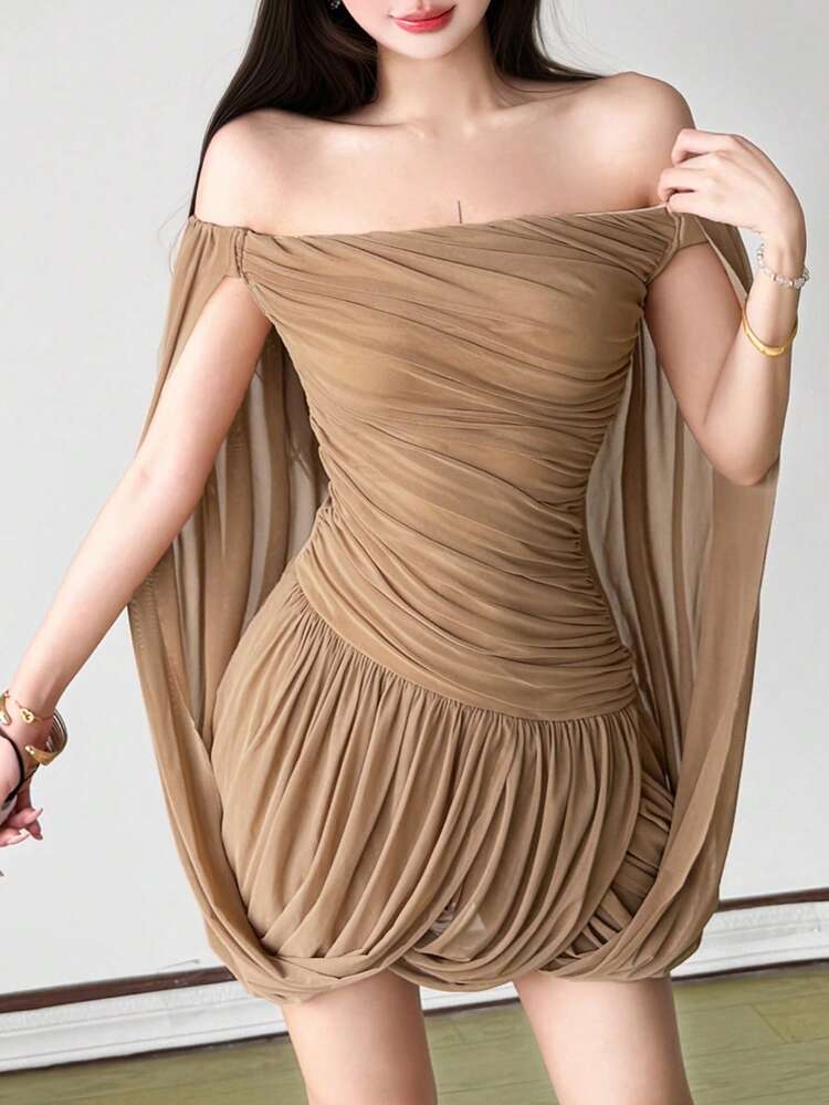 Women's Eye-Catching Sleeveless Off-Shoulder Fitted Mini Dress, Backless Design, Asymmetrical Hem, Knitted Fabric - Khaki - View 5