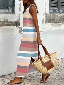 Women's Bohemian Style Striped Midi Dress, Sleeveless, Round Neck, For Beach Vacation, Fashion, Slim Fit - Pale Yellow - View 5