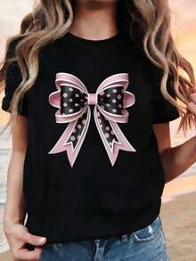 Talla Grande, Camiseta de Mujer con Estampado Gráfico de Lazo en Forma de Puntos, Manga Corta, Cuello Redondo, Top Casual para Verano y Primavera, Ropa de Mujer - Negro - Ver 1
