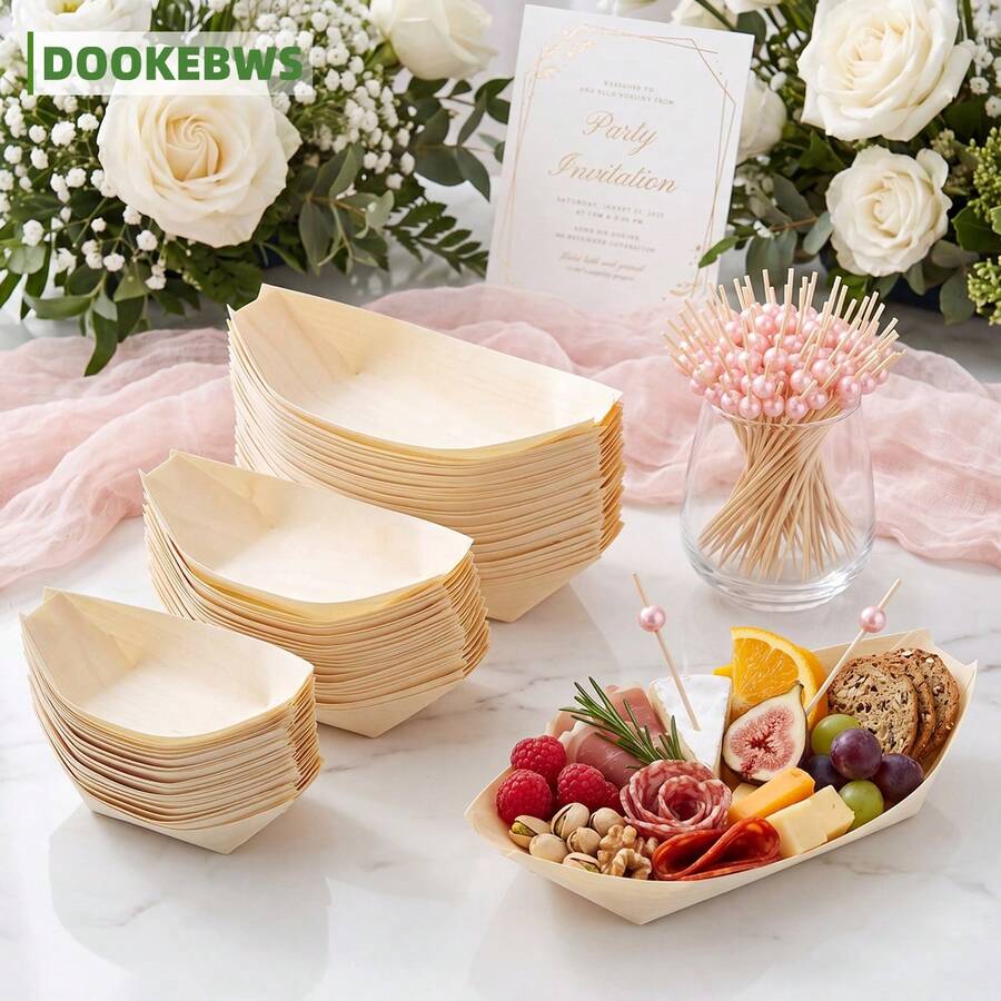75/150件套一次性餐具組，25/50個一次性木製開胃菜盤，50/100個粉色珍珠串串棒，適用於派對、婚禮、晚餐、戶外宴會、水果小吃、拼盤展示，精緻裝飾