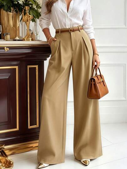 DONICY Pantalones de pierna ancha con cintura alta y pliegues de color caqui para mujer, adecuados para uso de oficina y casual