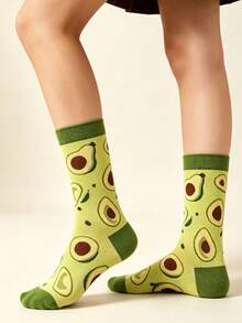1 Pair Women's Avocado Jacquard Mid-Calf Socks, Spring/Autumn/Winter Artistic Casual Socks, Fruit Pattern, Personalized & Cute, Suitable For Daily Wear - Multicolor - View 4