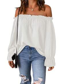 Spriolim - Blusa de gasa de manga larga con volantes y hombros descubiertos para mujer - 26 Boho Blanco - Ver 1