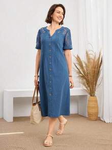 yonghongmaoyi1  Vestido casual de mujer de longitud media con cuello en V y parches de encaje, vestidos de verano para mujer, último estilo d - Azul marino - Ver 4