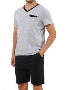 Tefola Pijama para Hombre Conjunto de Pijama de Algodon Pijama Manga Corta y Pantalones Cortos, Cuello en V Ropa de Dormir Hombre, Pijamas de Dos Piezas, Casual y Cómoda - Azul marino - Ver 11