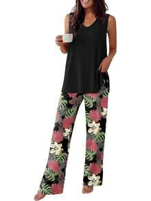 - Conjunto de pijama para mujer, sin mangas, cómodo conjunto de playera sin mangas y pantalones con cuello en V, 2 piezas, S-XXL - Raya gris - Ver 7