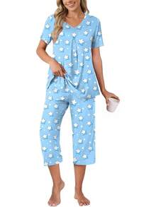 Anyally - Conjunto de pijama de verano para mujer, camisa de manga corta y pantalones capri de 2 piezas, pijama plisado con bolsillos - Mariposa verde plisada - Ver 37