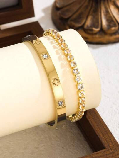2pcs/Set /1pc Fashionable Stainless Steel Four-Leaf Clover Zirconia Flower Bracelet, For Women, For Elegant Daily Wear And Party, An Ideal Gift