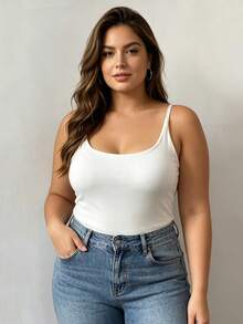 Women Plus Size Sling Camisole With Integrated Bra Pads, Adjustable Thin Shoulder Straps Stretchy Ribbed Basic Layering Tank Top Daily Outfit - White - View 4