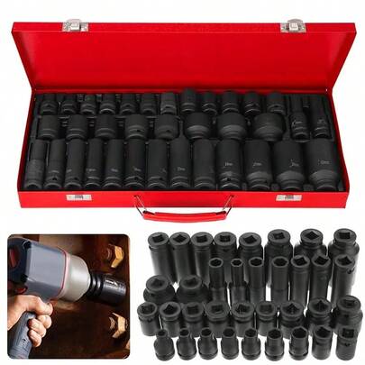 Juego de 35 piezas de llaves de impacto profundas de 1/2 pulgada, llaves de 6 puntos para tuerca de eje de husillo, herramientas manuales para reparación de automóviles, camiones y taller de garaje, herramientas métricas para taller de garaje, juego de llaves de impacto de uso pesado con estuche portátil, rojo