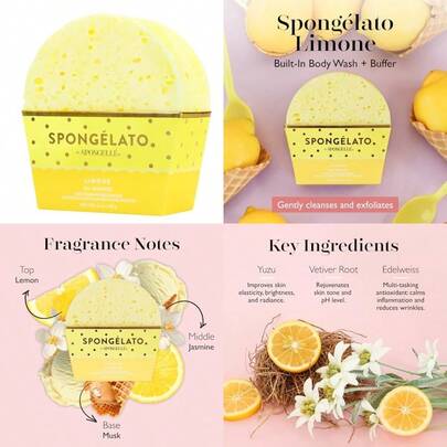 Lemon Spongélato Bath Sponge Built-In Body Wash And Body Scrubber Shower Loofah Sponge For Women 14+ Uses