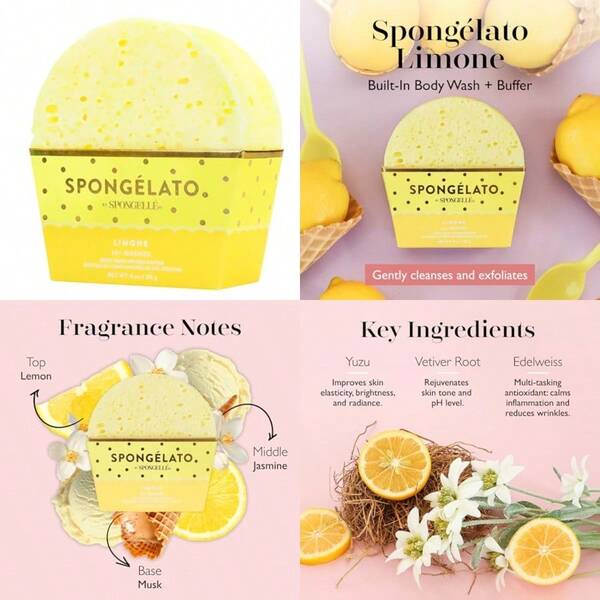 Lemon Spongélato Bath Sponge Built-In Body Wash And Body Scrubber Shower Loofah Sponge For Women 14+ Uses