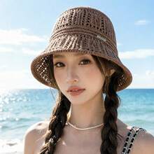 女款幸運Logo可折疊草編遮陽帽，純色防紫外線旅行沙灘帽，時尚百搭夏季戶外遮陽帽，適合海灘度假 - 帽子 - 查看 10