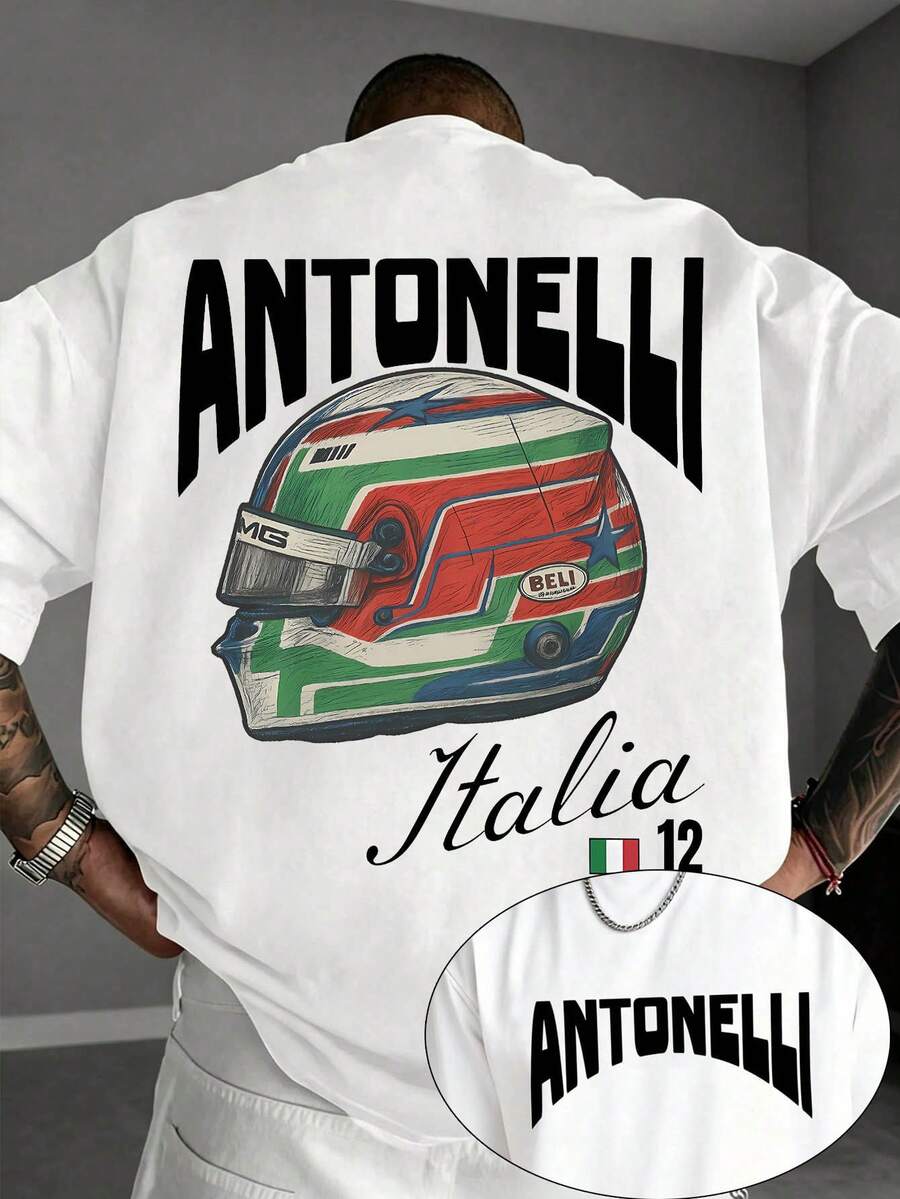 Antonelli Retro Racing Helmet, Men's T-Shirts, Summer Holiday Clothing, Partner Outfits, Suitable For Excursions Or Weekend Trips, Gifts For Friends. - White - View 1