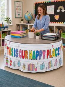 1 pieza - Falda de mesa de aula Happy Place, decoración de mesa colorida de vuelta a la escuela, cubierta elástica de poliéster de spandex para escritorio de profesor, centro de biblioteca y fiesta de bienvenida - Multicolor - Ver 3