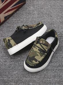 1 Pair All-Season Campus Slip-On Kids' Camouflage Patchwork Breathable Canvas Loafers With Elastic Lace-Free Design, Non-Slip Soft Sole, Lightweight Flat Casual Sports Shoes For School - Black - View 1