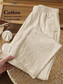 Pantalones casuales sueltos de pierna ancha con cintura elástica de unicolor para mujer - Albaricoque - Ver 1