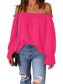 Spriolim - Blusa de gasa de manga larga con volantes y hombros descubiertos para mujer - Rojo vino - Ver 15