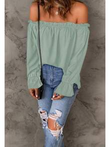 Spriolim - Blusa de gasa de manga larga con volantes y hombros descubiertos para mujer - 32 Azul Floral - Ver 2