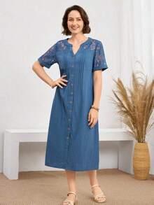 yonghongmaoyi1  Vestido casual de mujer de longitud media con cuello en V y parches de encaje, vestidos de verano para mujer, último estilo d - Azul marino - Ver 7