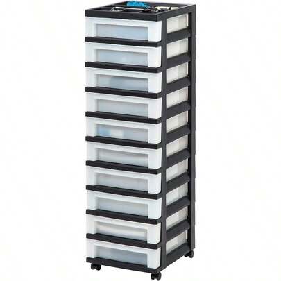 IRIS USA 10 Cajones de Organizadores de Plástico para Manualidades, Carrito de Almacenamiento Rodante para Suministros de Arte, Organizador Superior de Cajones para Piezas Pequeñas, Negro/Perlado