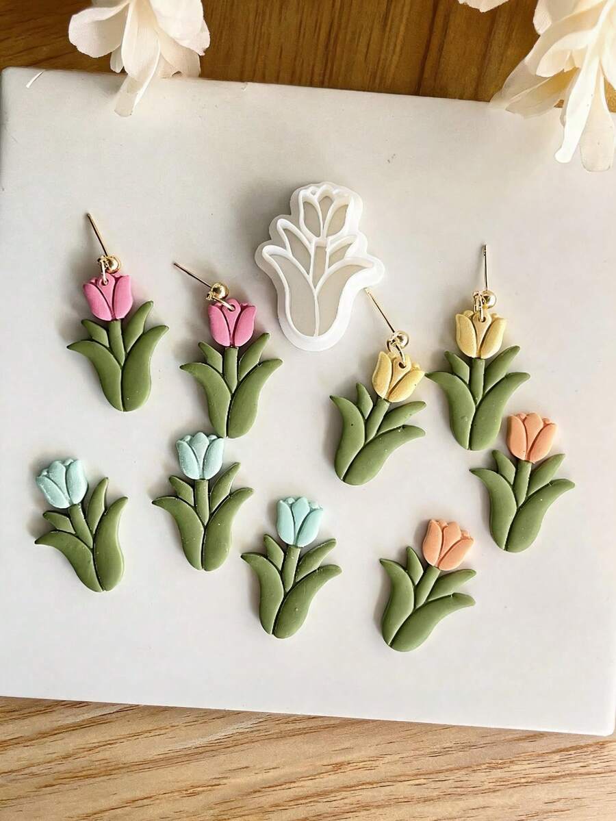 Tulip Flower Polymer Clay Cutter, Embossed Spring Floral Mold For Delicate Handmade Stud Earring Craft Supplies - White - View 1