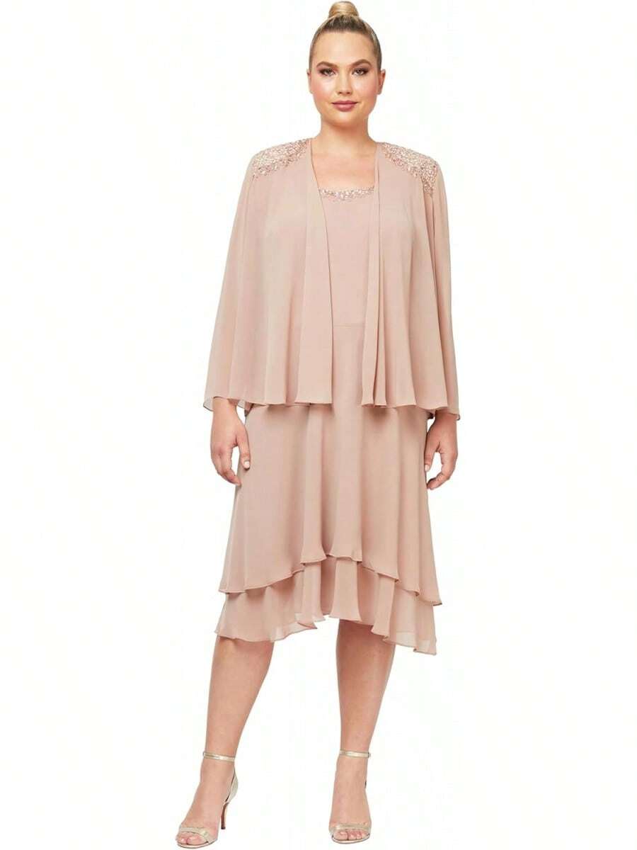 S.L. Fashions Vestido de Chaqueta escalonada Adornado de Talla Grande para Mujer - Higo - Ver 1
