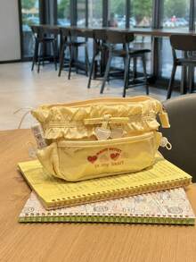 1pc Fashionable Embroidered Heart Pattern Pencil Case (Pencil Case Only), Large Capacity Multi-Compartment Storage, Durable Fabric, Suitable For Daily Storage, Practical And Versatile, Back To School Season,Back To School Season - Heart-shaped Pencil Case - View 5